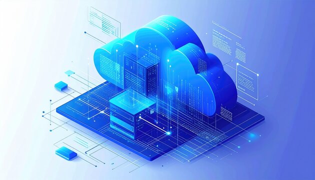 Isometric illustration of a cloud-shaped structure with server components, a connecting grid, and data streams, all in shades of blue