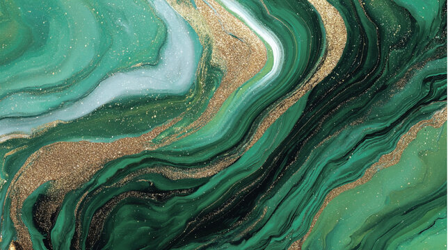 Elegant emerald green liquid marble texture with gold accents. Ideas for backgrounds, social media design, and business card templates.
