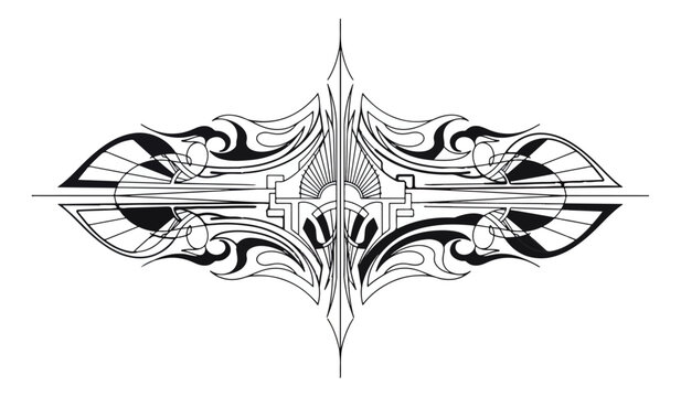 Black and white abstract symmetrical rorschach inkblot pattern with mirrored shapes and high contrast