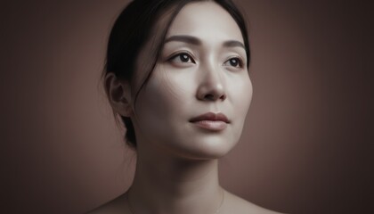 Fototapeta premium Portrait of a beautiful Asian woman with an upward gaze and calm expression for skincare advertising, wellness branding and beauty salon marketing on a mauve background