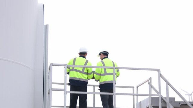 Corporate Asian engineering team walking near huge windmills wind turbine clean generator site. Industrial safety helmet workers tracking alternative eco green power plant.