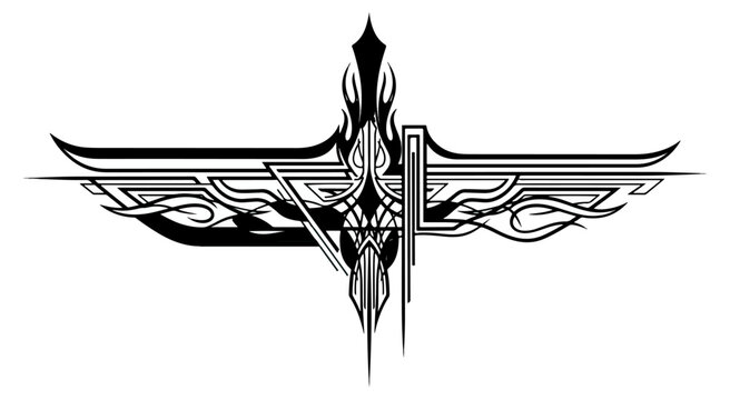Symmetrical stylized winged emblem with central shield and directional compass points on black background
