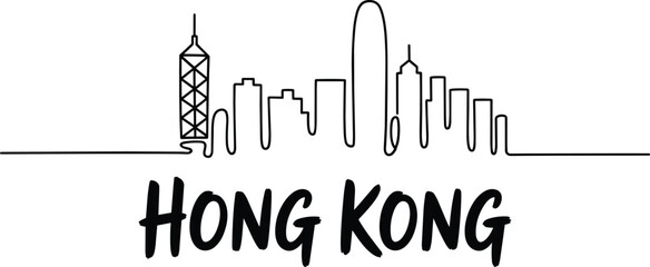 Hong Kong city skyline, minimalist continuous line art illustration, iconic urban architecture vector drawing in black style and single and one in out © Arif9x