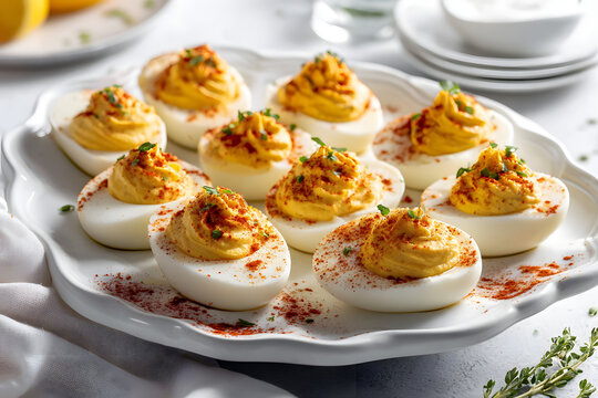 Deviled Eggs Served on a White Plate Garnished with Paprika and Herbs in Bright Lighting
