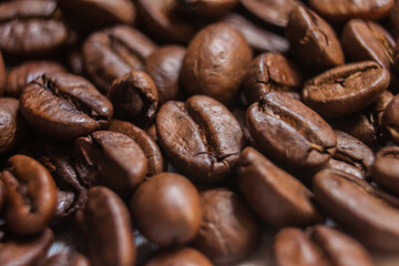 Fototapeta premium Macro Roasted Coffee beans artistic photography, brown bean, Arabica, Robusta, Liberica, Excelsa, Kopi Luwak and Black Ivory, freshness aromatic caffeine, selective focus, shallow depth, Cairo Egypt