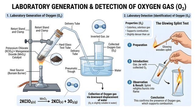 Comprehensive laboratory diagram showing generation and detection of oxygen gas using decomposition of hydrogen peroxide with manganese dioxide catalyst, gas collection over water and glowing splint t