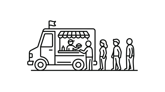 Food truck line art with small group of customers waiting.