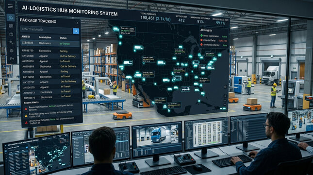 Logistics control center monitoring package tracking with digital map and screens.