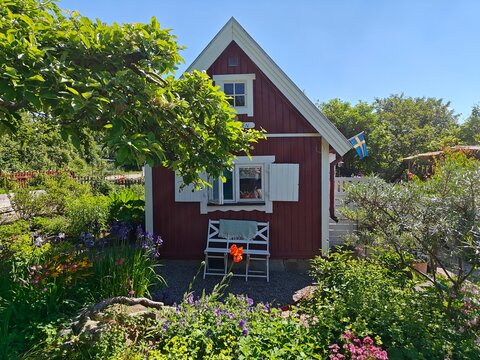 Stora Mossens Kolonitr&auml;dg&aring;rdsf&ouml;rening. Traditional red Traditional red Swedish cottage in Stora Mossens Kolonitr&auml;dg&aring;rdsf&ouml;rening, Stockholm, surrounded by a colorful summer garden with blooming flowers