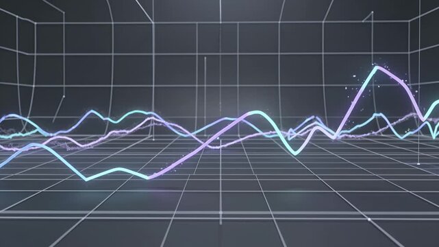 Abstract healthcare data visualization with colorful motion graphics displaying fluctuating lines and wave patterns in a digital grid environment