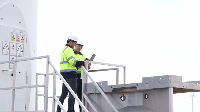 Two Asian safety helmet engineers reviewing green utility layout plan inside wind turbine farm. Industrial technical experts evaluating renewable clean power generator system.