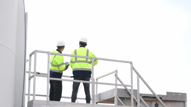 Aged Asian technical operators facing eco energy clean system field outdoors near green turbines. Two male utility engineering workers discussing clean alternative electricity.