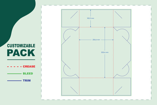 Fast food takeaway box dieline template with arc folding flaps, technical packaging layout with millimeter dimensions, crease, bleed, and trim line indicators