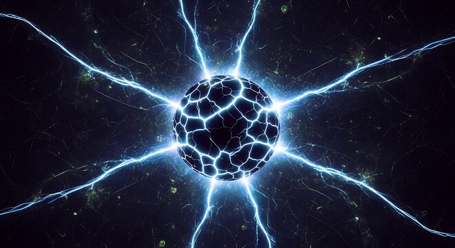 Electricity crackles around a glowing sphere in a dark space environment.