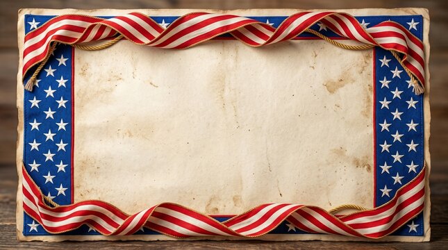 Vintage parchment paper with american flag border and patriotic ribbon