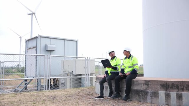 Aged Asian safety workers operating modern vest technology inside turbine power farm location. Two male industrial engineers conducting high tech utility systems inspection.