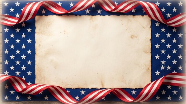 Old parchment paper with american flag ribbon and star background