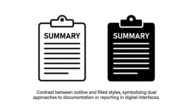 Dual approach summary concept, contrasting clipboards, black and white inversion, comparative analysis, structured clarity, balanced perspectives, visual metaphor, documentation.