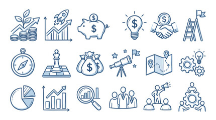 Fototapeta premium Business Growth and Success Icons: Finance, Strategy, Teamwork, Innovation