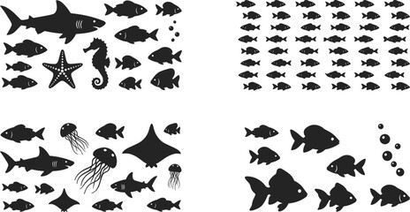 Obraz premium Black silhouette illustrations of diverse sea creatures including sharks, fish, jellyfish, manta rays, and starfish for ocean design projects