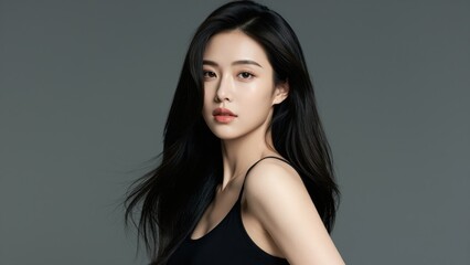 Naklejka premium Elegant Woman with Long Hair: A striking portrait of a young woman with flowing black hair and a contemplative expression, looking towards the viewer with captivating eyes.