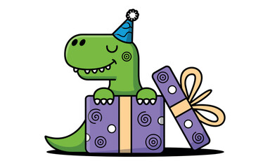 Cheerful green dinosaur wearing a blue party hat and holding a purple gift box on a white background with bright flat lighting. © Vector Expert