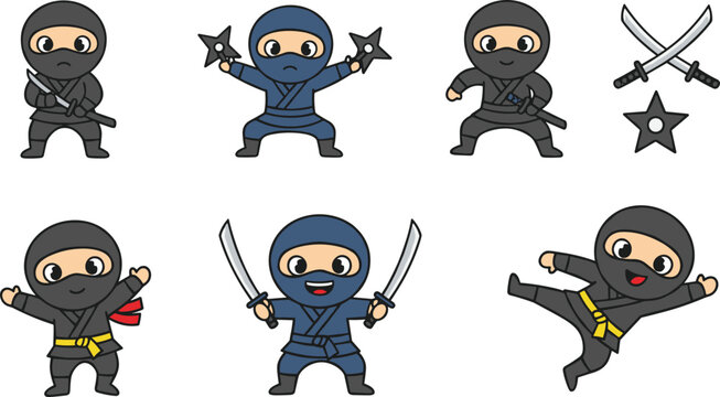 Cartoon Ninja Characters in Dynamic Poses with Swords and Shuriken for Martial Arts and Action Design Illustration