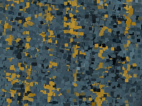 Seamless camouflage pattern texture with pixelated square fragments in dark blue, gray, and golden yellow colors.