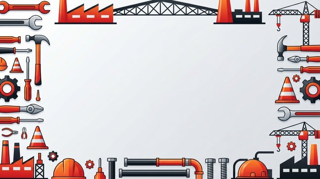 Industrial construction tools and equipment border frame background