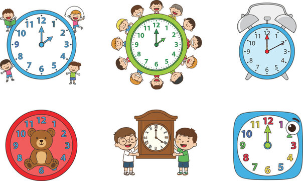 Colorful cartoon clocks with playful children&rsquo;s designs, teddy bear, alarm clock, and grandfather clock for educational projects