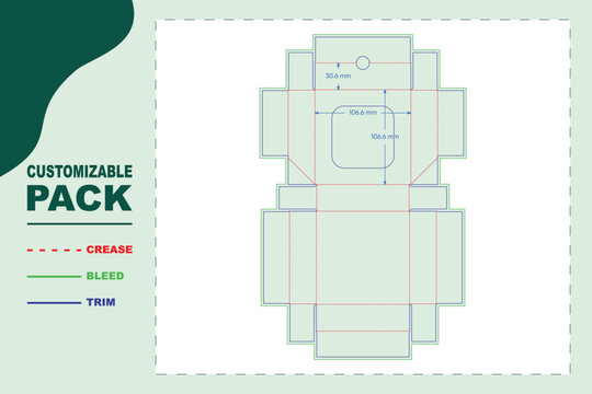 Technical dieline template for a folding flip-top box with labeled crease, bleed, and trim lines, including specific dimension measurements in millimeters