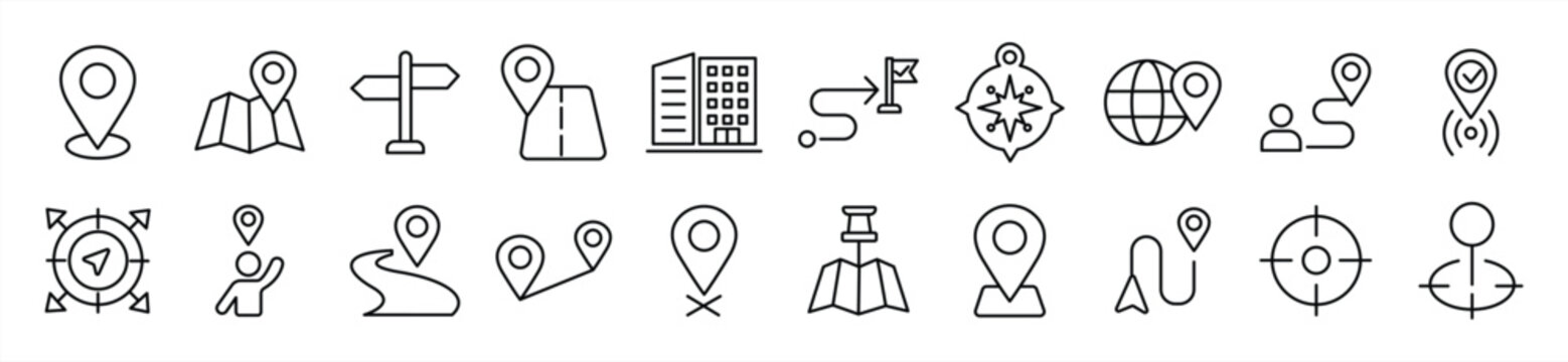 Location icon set. Contains map icons, map markers, GPS, destinations, directions, distances, places, navigation, and addresses. Vector illustration.