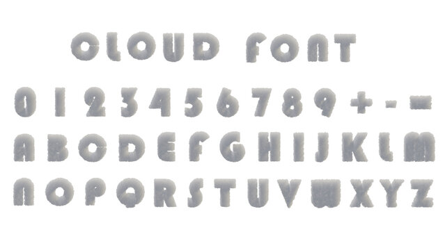 Cloud Texture Bold Alphabet &mdash; Full A-Z Uppercase Letters and Numbers 0-9 with Soft Fluffy White Cloud Effect on Black Background