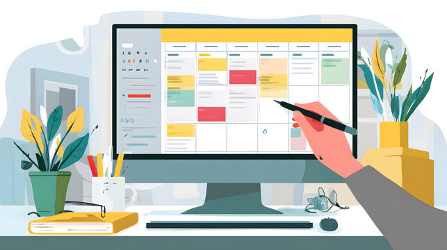 Hand using stylus on digital computer screen with calendar isolated on transparent background