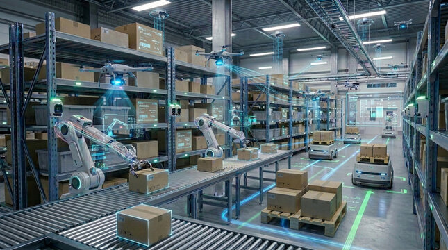 Robotic arms and drones automate smart warehouse operations with futuristic technology.
