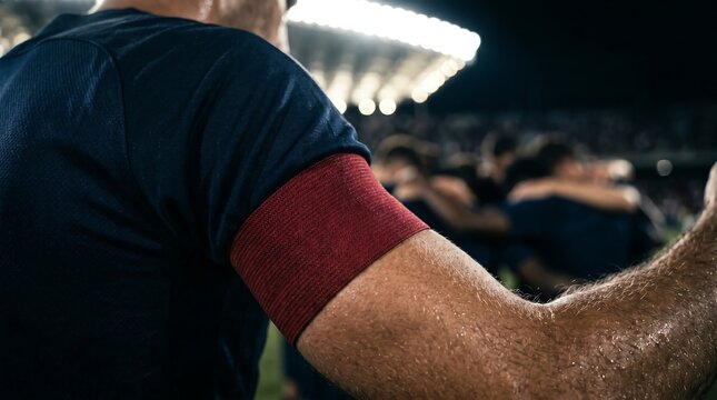 Close-up of a male athlete's arm wearing a red captain's armband during a night sports game in a stadium with blurred background.
