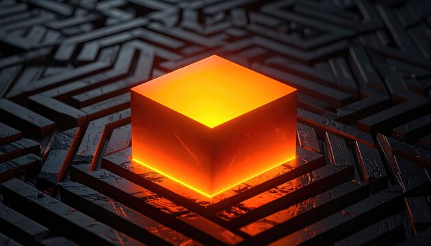 Glowing orange cube above complex dark maze. Modern, futuristic digital art with abstract textures and lighting