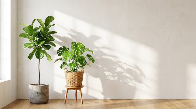 Interior scene featuring fiddle leaf fig and monstera plants in a minimalist living room with natural light