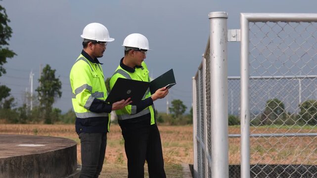 Two Asian industry experts mapping alternative electricity network system using digital tablet. Focused utility operators reviewing renewable green wind turbine farm progress.