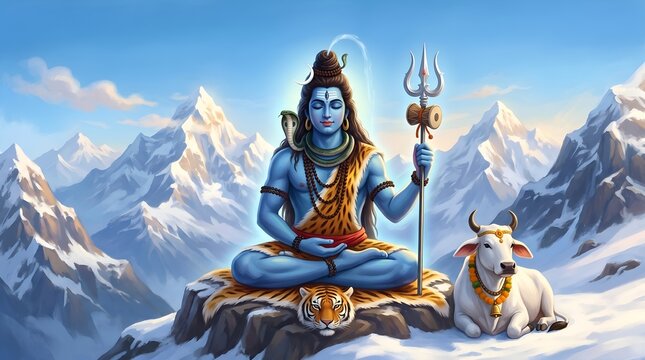 Shiva The Hindu Deity With Trident And Blessed Cow Against Snowy Himalayas