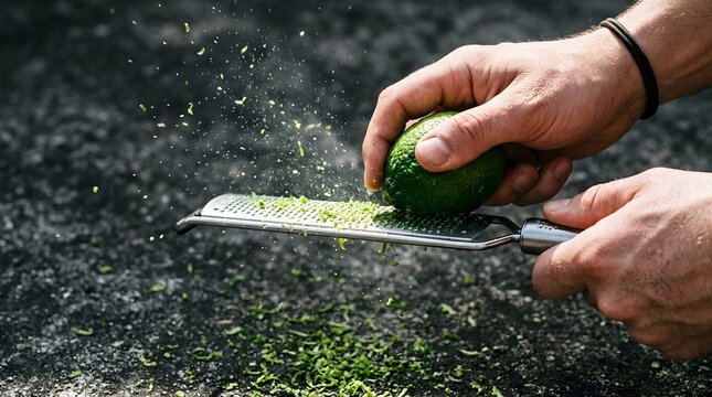 Action shot shows hands zesting fresh whole lime using metal grater with flying green particles.