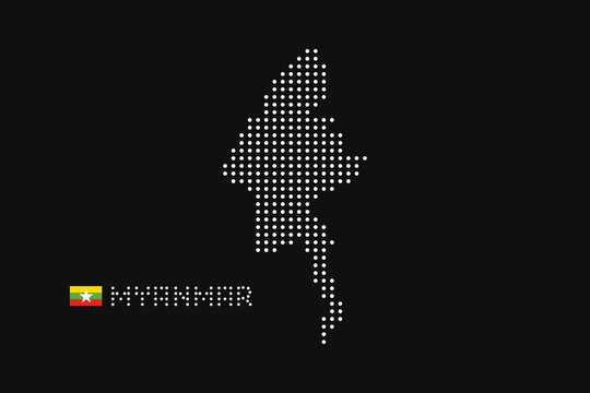 Myanmar dotted map with national flag vector on black background