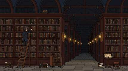 Grand Library Interior with Bookshelves and Ladder: Academic Research, Knowledge Access, Historical Study, Educational Archives © mest selda blessun