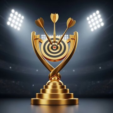 Golden award trophy with dartboard center, trophy, gold, dartboard, arrows, victory, success, sports, game, achievement, winner, competition, darts, bullseye, stadium, award, elite, champion, goal, ta