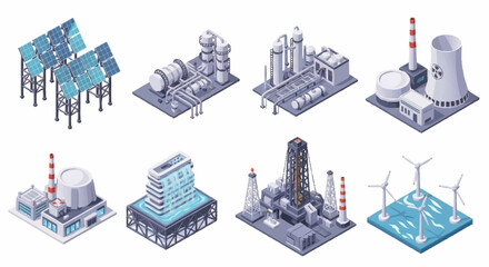 Isometric illustration of industrial buildings and power plants with renewable energy. © Slamet