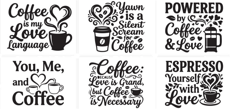 Coffee quote SVG bundle, 6 hand-lettered coffee typography designs, black caffeine puns for t-shirt printing and kitchen decor