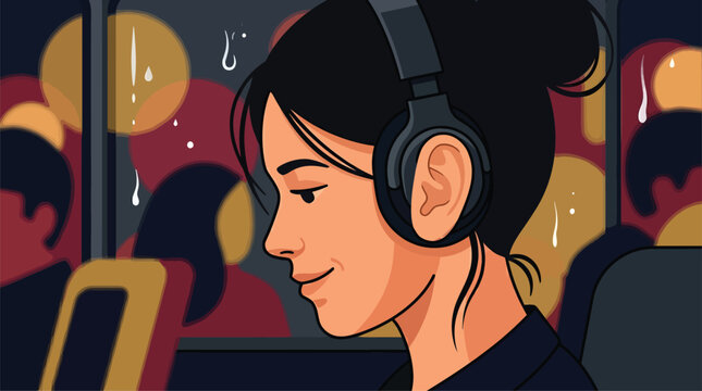 Commuter listening to music with headphones on public transport; relaxing during busy travel; urban lifestyle concept for digital content