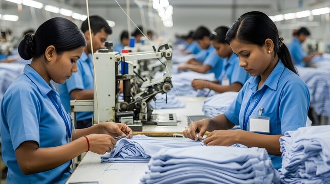 Garment Factory Workers Trimming Threads and Preparing Stitched Shirts on a Production Line with Sewing Machines and Quality Control