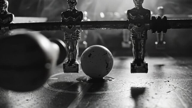 Low angle black and white shot of a foosball table with players and ball, close up