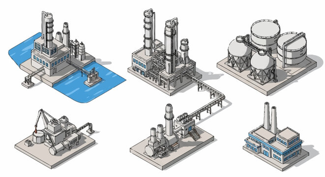 Collection of isometric industrial factory and plant illustrations, including oil rigs and refineries.